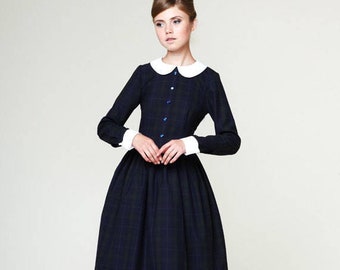 Peter Pan Collar Dress, 1950's Dress, Plaid Wool Dress, Pinup Dress, Wool Dress, Blue Dress, Collar Dress, Shirt Dress, Vintage Style Dress