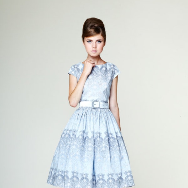 1950's Dress, Liberty Print Dress, Wedding Guest Dress, Pastel Dress, Flare Dress, VLV Dress, 1950's Clothing, Vintage Style Dress, Blue