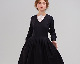 Women Wool Dress, Black Dress,  Cocktail Dress, Midi Dress, Vintage Style Dress, Flare Dress, Long Sleeve Dress, Pleated Dress, Pocket Dress