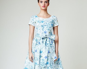 Women Floral Dress, Midi Dress, Bridesmaid Dress, Flare Dress, Belt Dress, 1950's Dress, Vintage Style Dress, Simpe Wedding Dress,Blue Dress