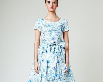 Women Floral Dress, Midi Dress, Bridesmaid Dress, Flare Dress, Belt Dress, 1950's Dress, Vintage Style Dress, Simpe Wedding Dress,Blue Dress