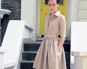 Women Beige Dress, Wool Lounge Dress, Gingham Dress, Belt House Dress, Shirt Dress, 1950's Dress, Plaid Dress, Pocket Dress, Retro Dress