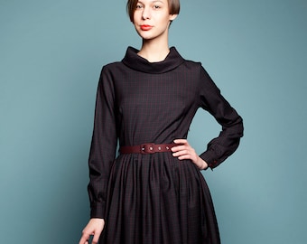 Women Dress, Midi Dress, Wool Dress, Plaid Dress, 1950's Dress, Vintage Style Dress, Belt Dress, Office Dress, Pocket Dress, Cocktail Dress