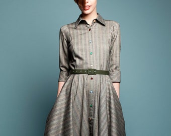 Dress For Women, Wool Dress, Gray Dress, Winter Midi Dress, Shirt Dress, Belt Dress, 1950's Dress, Retro Dress, Vintage Style, Flare Dress