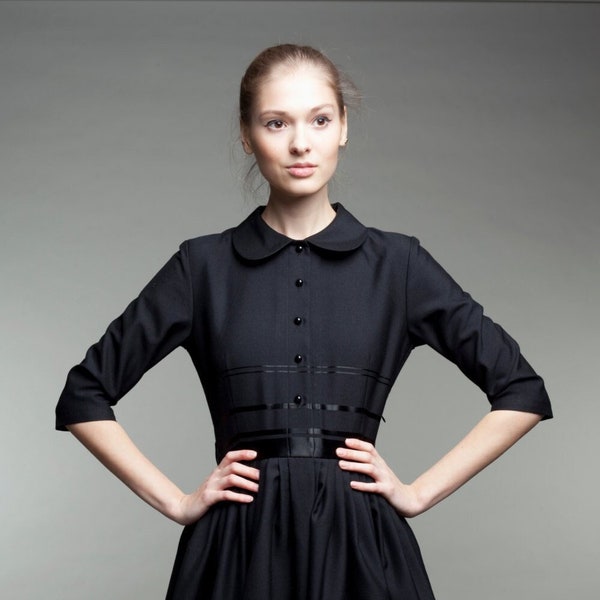 Little black wool dress, Winter black dress, Audrey Hepburn dress, 1950's dress, Shirt dress, Cocktail Dress, Wednesday Addams Dress