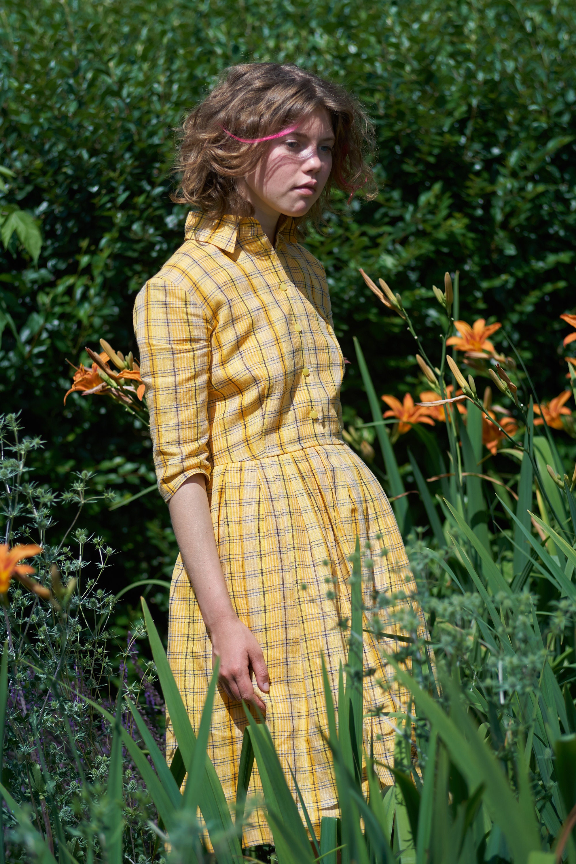 Image of Plaid Linen Dress, Sun Fall Dress For Women, Plus Size Clothing, Shirt Pleated Circle
