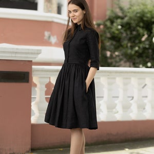 Black linen shirt dress Modest simple minimalist dresses with pockets by Mrspomeranz image 3