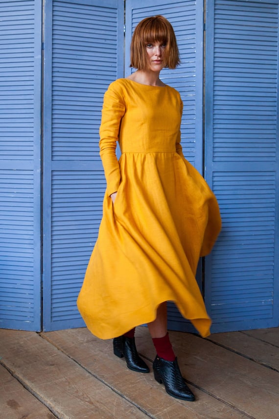 Vestido sencillo de color amarillo Maxi Etsy España