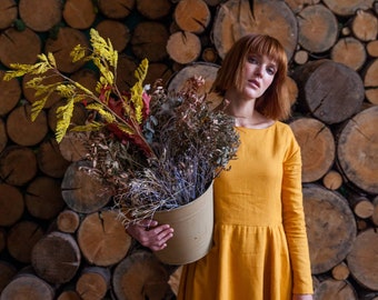 Modest peasant loose fall long sleeved linen dress in mustard yellow with pockets - Simple organic dresses for women