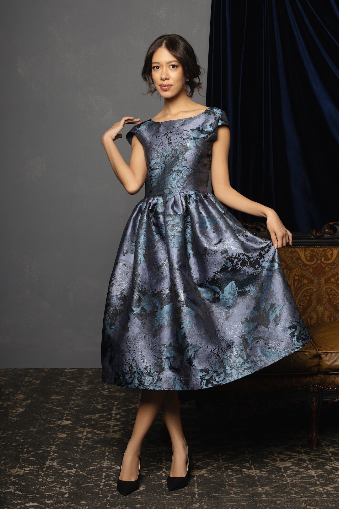 Midi Mother of the Bride & Groom Dress Wedding Guest Gown Jacquard Off Shoulder Wedding Gues Gown