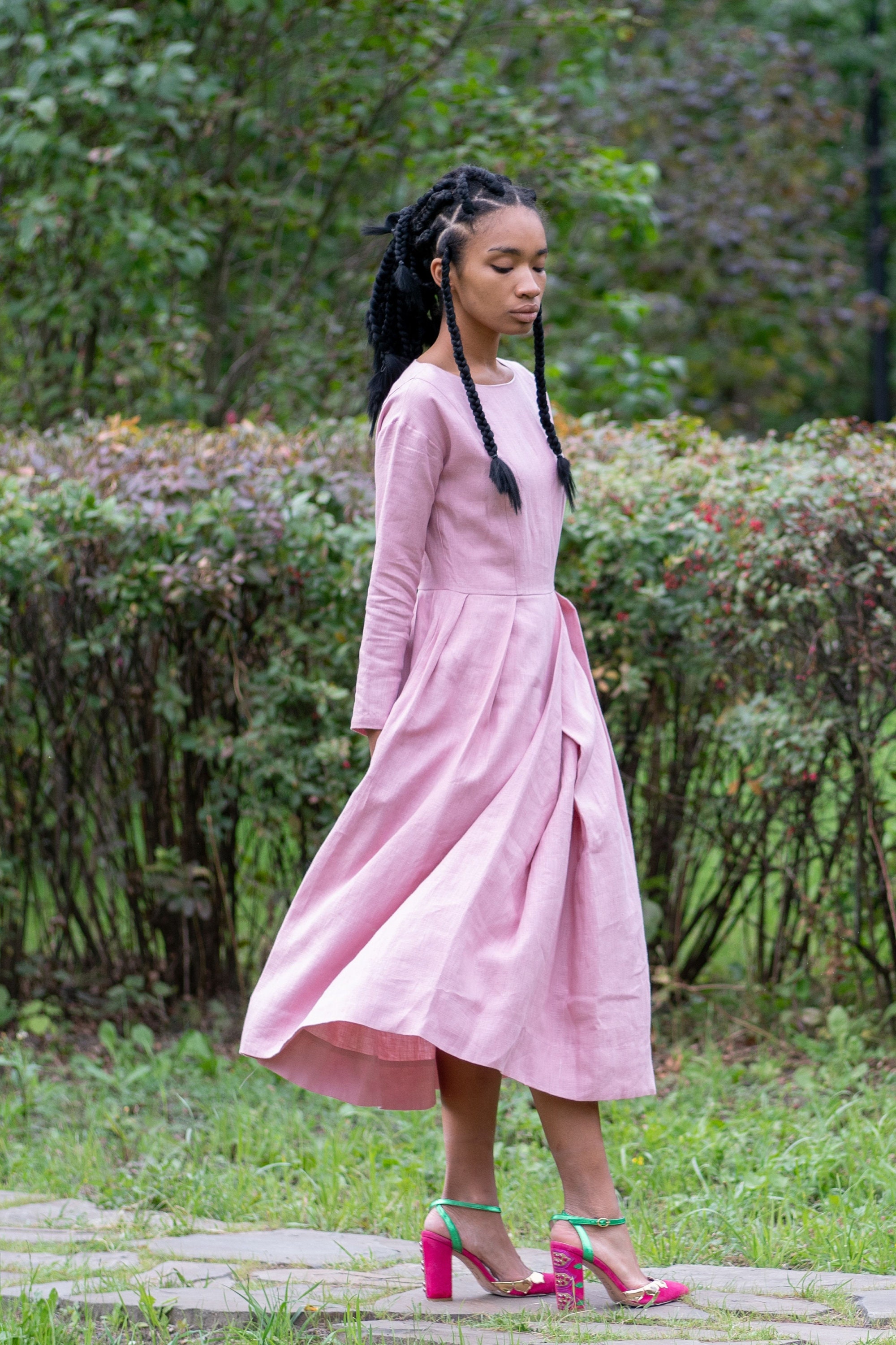 linen dress etsy 1940s style buttoned linen dress WORK, handmade retro V-neck shirt dress