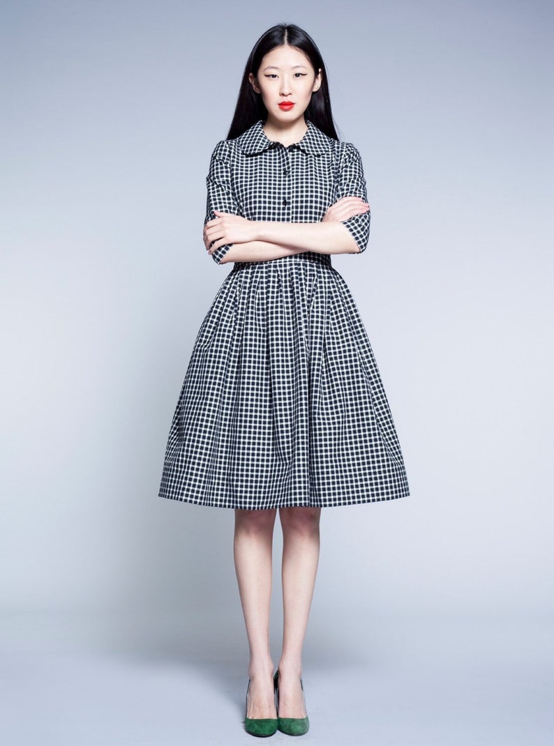 Gingham 50s style modest knee length dress Peter Pan collar plaid midi retro 1950s inspired dresses 50's custom made clothing image 1