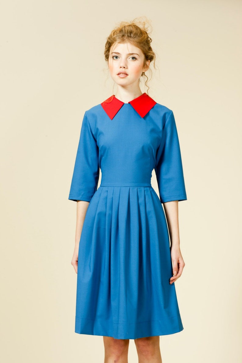 Women Dress, Royal Blue Dress, Collar Dress, 1950's Dress, Retro Dress, Vintage Style Dress, Plus Size Dress, Flare Dress, Mod Dress image 1