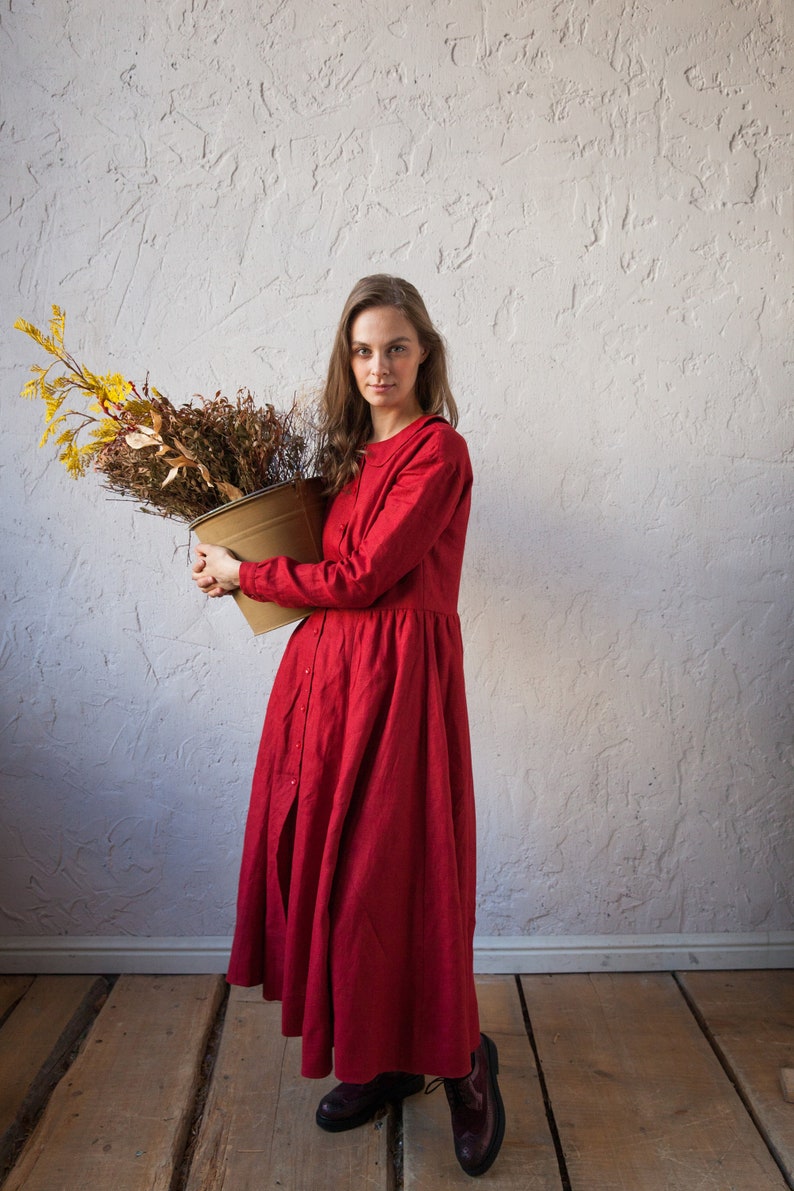 Linen Shirt Dress, Flare Dress, Linen Red Dress, Pocket Lounge Dress, Collar House Dress, Linen Dress, Little Women Dress, Linen Clothing image 6