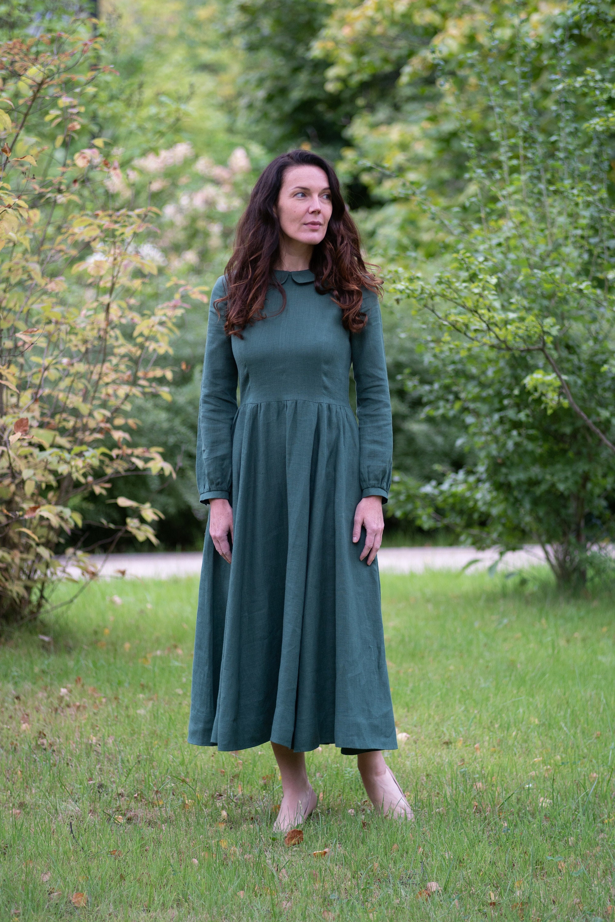 Puritan Linen Modest Dress with Collar \u0026 Long Sleeves by Mrs Pomeranz, Size M, Ready to Ship