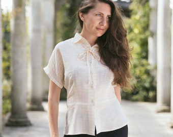 Silk delicate peplum blouse - Tender modest plaid floral shirt Minnie by Mrspomeranz