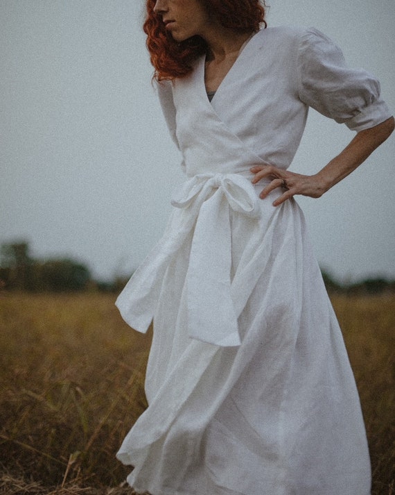 Modest Boho White Linen Wedding Dress With Sleeves Simple | Etsy Hong Kong