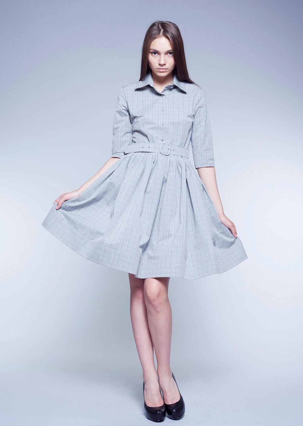 Image of Women Dress, Flare Work 's Office Belt Vintage Style Pocket Circle Pleated Dress