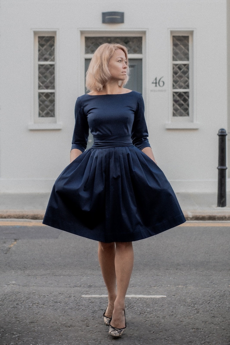 Navy blue cotton midi pleated dress for women available in different custom colors image 6