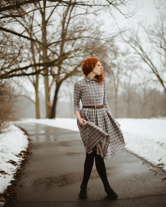 Women Midi Dress, Wool Dress, Plaid Dress, Vintage Style Dress, 1950's Dress, Shirt Dress, Pleated Dress, Flare Dress, Pocket Dress, Belt