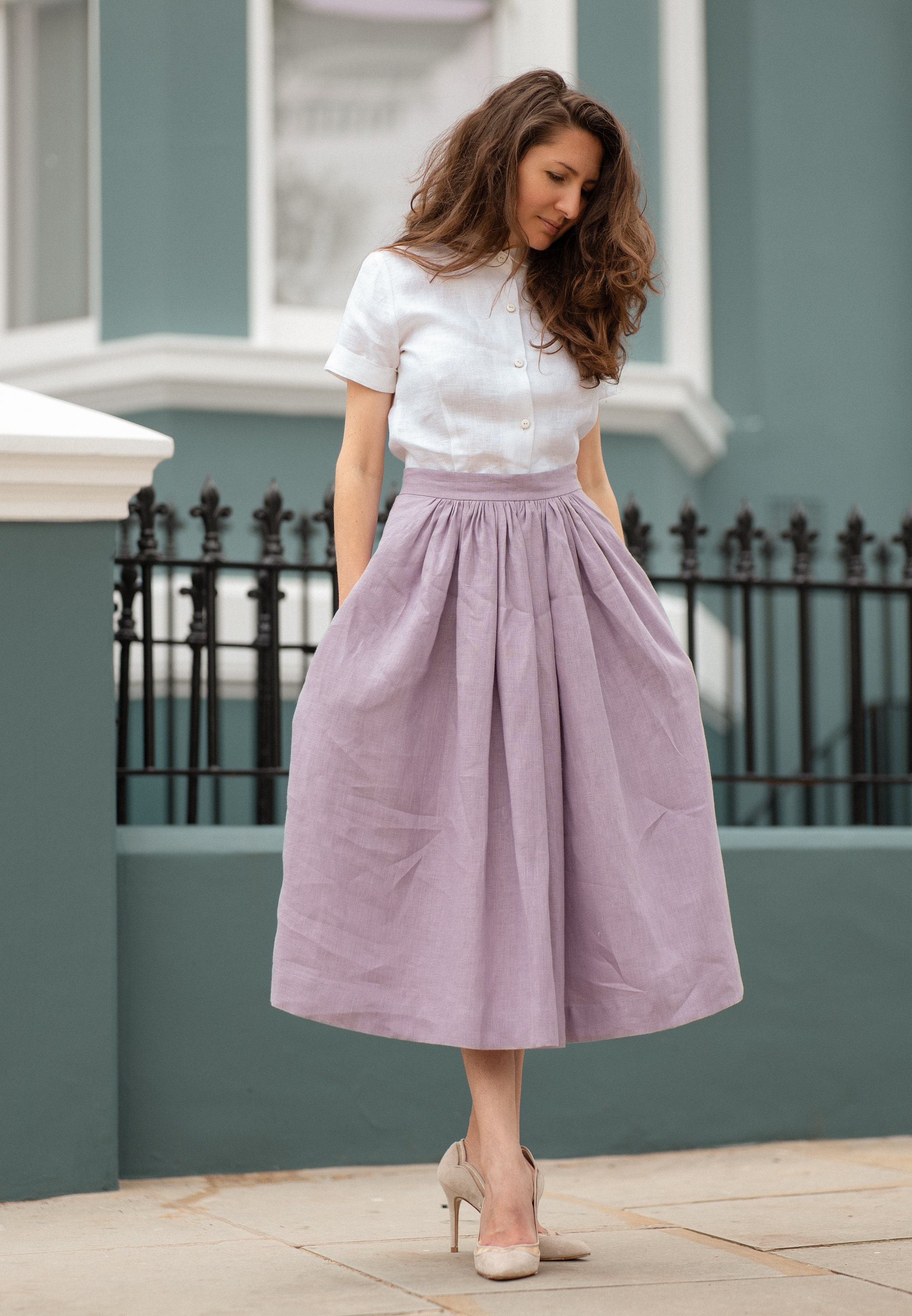 Lilac Linen Long Skirt Midi Gathered High Waisted Skirts With Pockets by  Mrspomeranz 