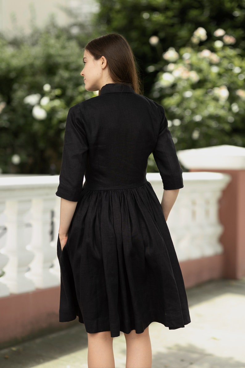 Black linen shirt dress Modest simple minimalist dresses with pockets by Mrspomeranz image 4