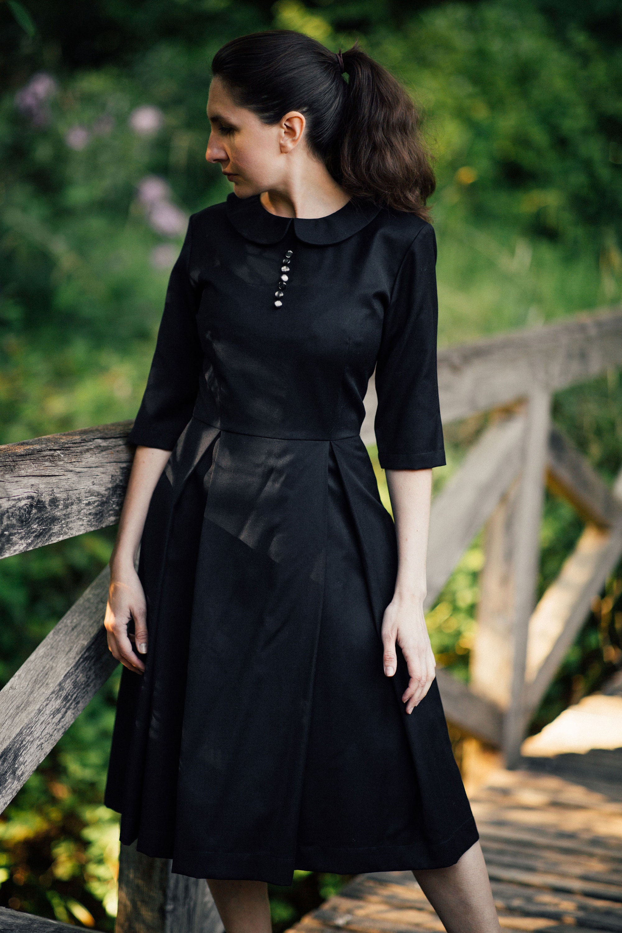 Black Wool Dress Shirt Black Dress Peter Pan Collar Dress 