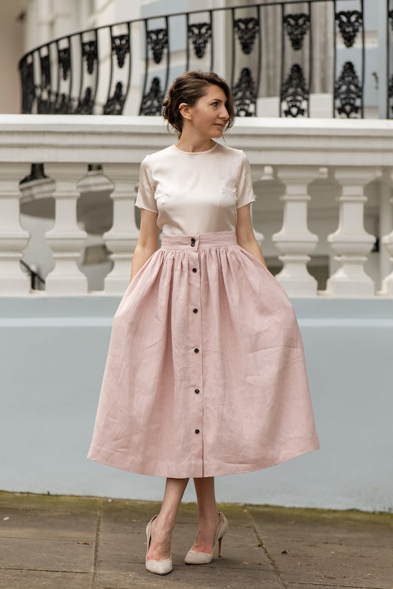 Linen Skirt With Front Buttons and Pockets Midi Button Opening