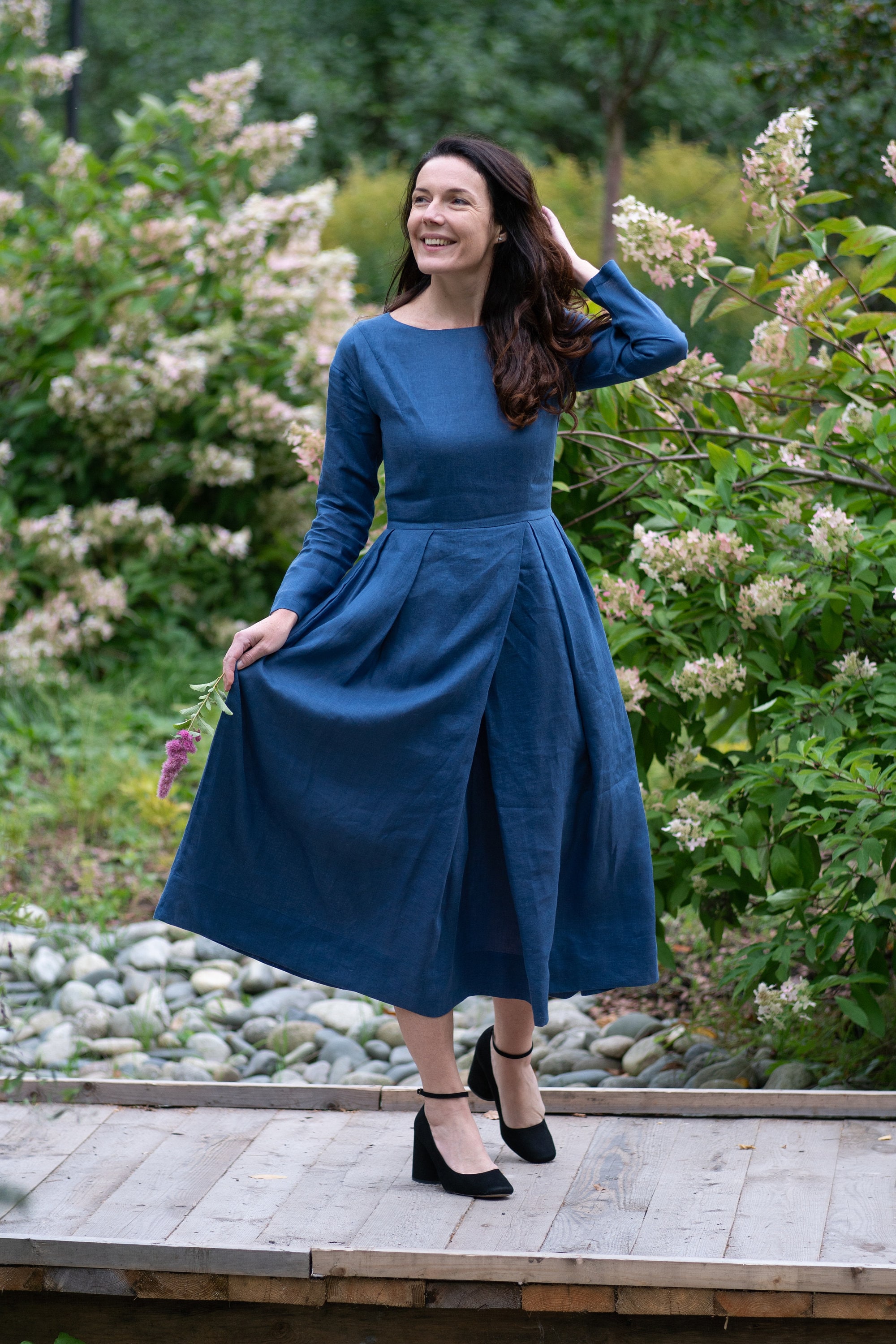 Blue Linen Maxi Dress Pleated Linen ...