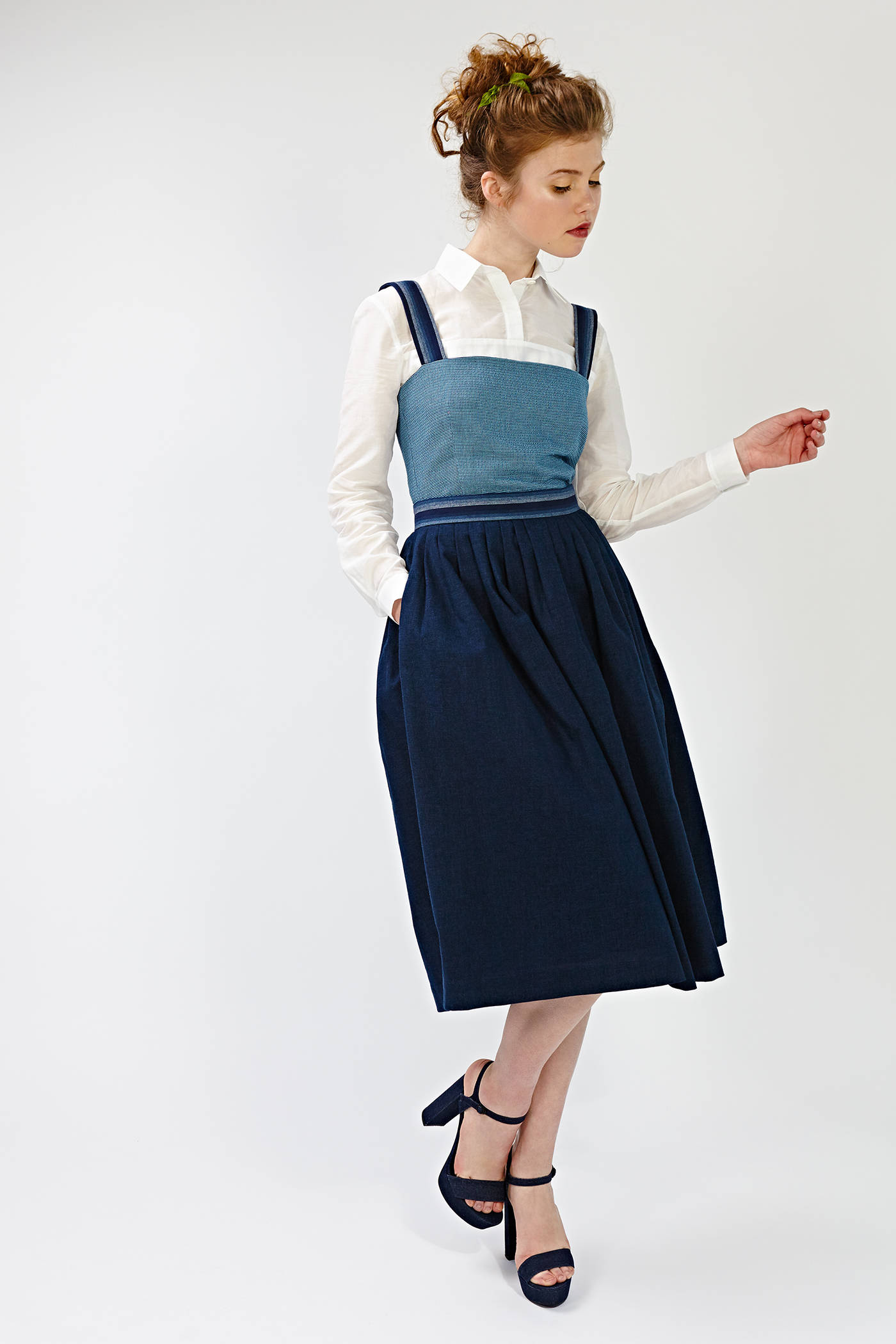 Women Midi Dress, Apron Dress, Set Of 2, White Shirt, Minimalist Clothing, Office Set, Navy Dress, Blue Flare Dress, Indigo Dress, Cocktail