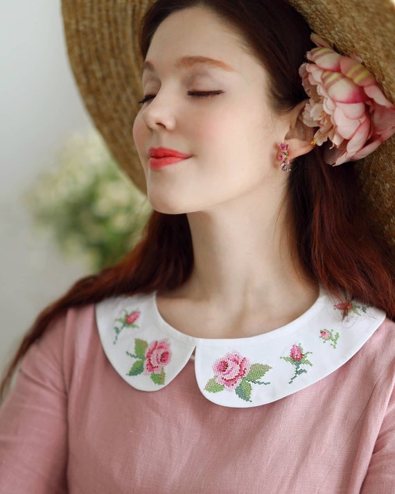 Cuello desmontable con bordado rosa de puntada a mano - Peter Pan cuellos  bordados extraíbles para mujer - Ropa floral de estilo vintage de la década