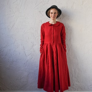 Linen Shirt Dress, Flare Dress, Linen Red Dress, Pocket Lounge Dress, Collar House Dress, Linen Dress, Little Women Dress, Linen Clothing image 7