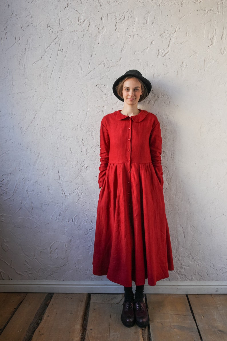 Linen Shirt Dress, Flare Dress, Linen Red Dress, Pocket Lounge Dress, Collar House Dress, Linen Dress, Little Women Dress, Linen Clothing image 7