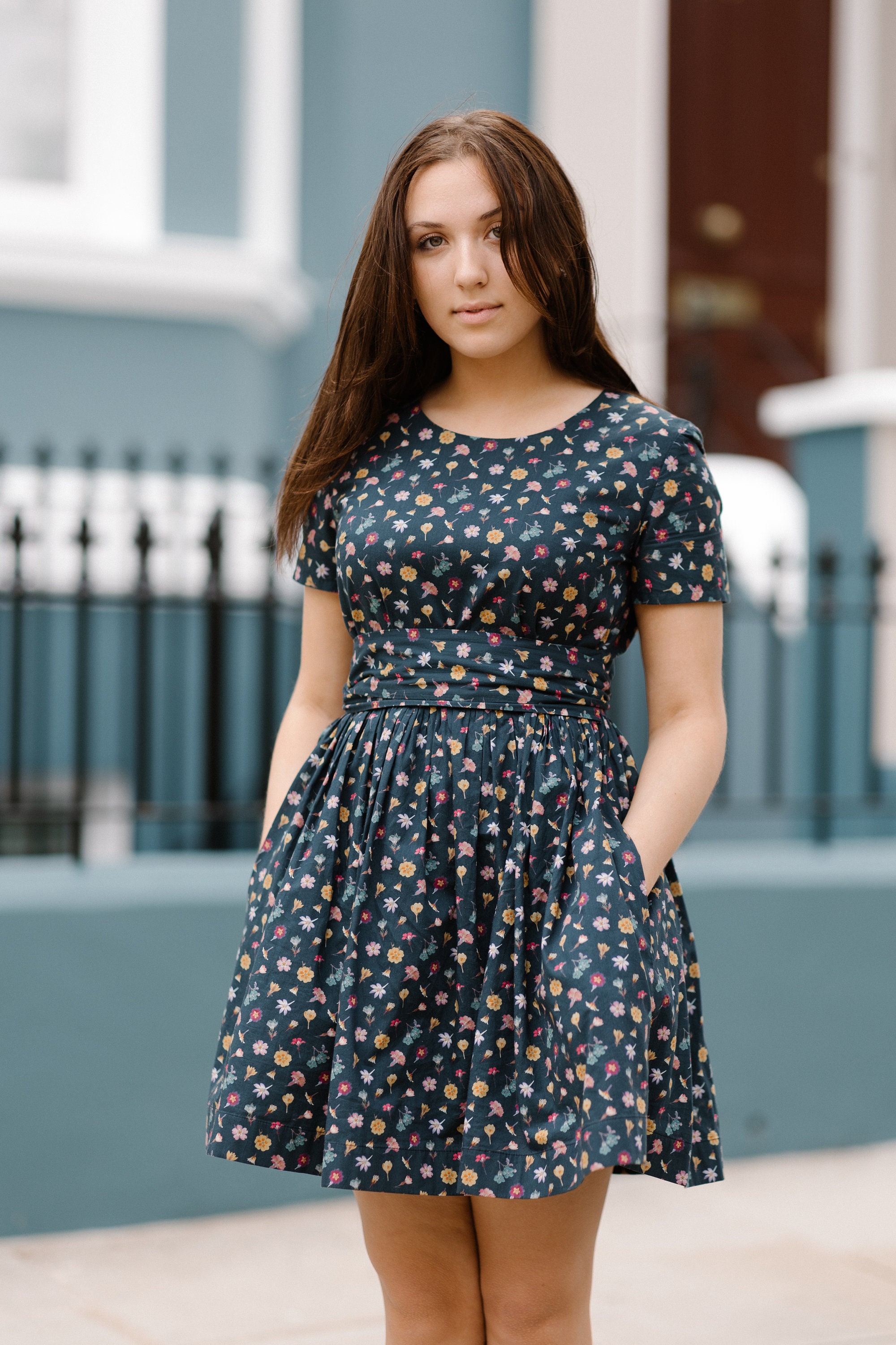 Modest Floral Empire Waist Holiday Dress for Teenage Girl - Romantic Cotton High  Waist Short Dresses With Pockets by Mrspomeranz