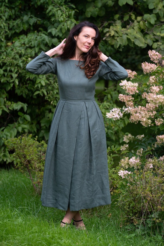 Maxi Linen Dress, Fall Woman Dress, Long Sleeves Linen Dress, Plus Size  Clothing, Peasant Linen Dress, Pleated Dress, Retro Dress, 1950s 