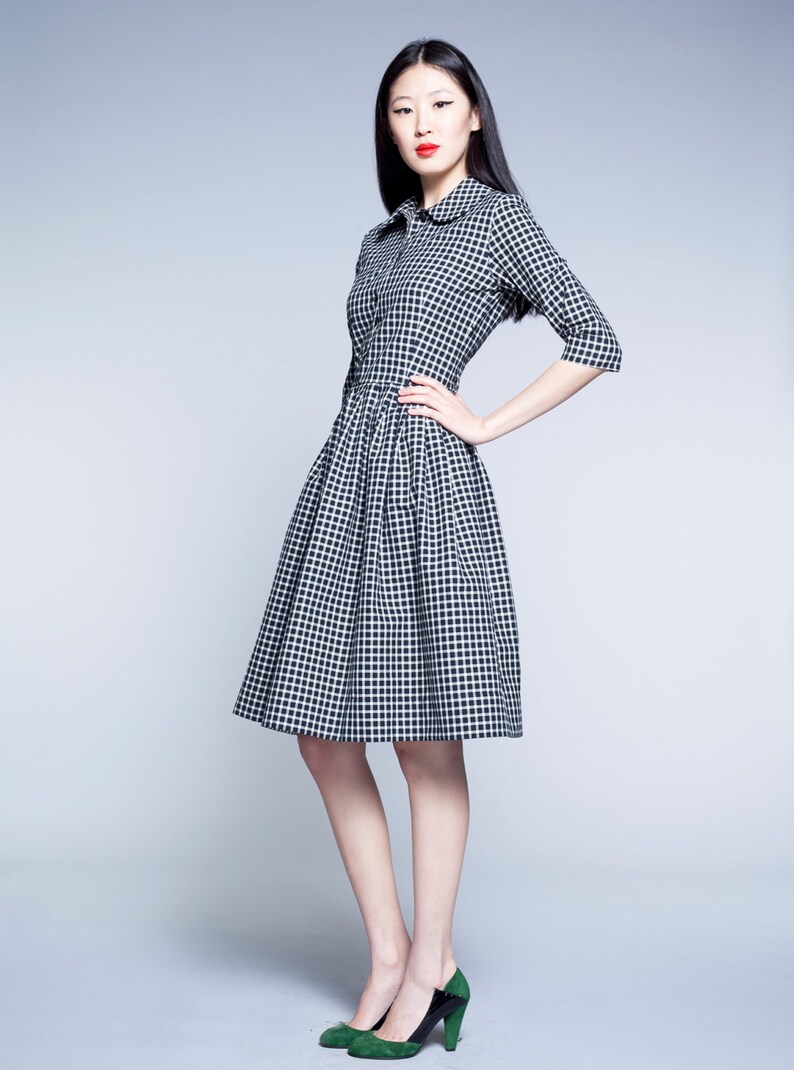 Gingham 50s style modest knee length dress Peter Pan collar plaid midi retro 1950s inspired dresses 50's custom made clothing image 4