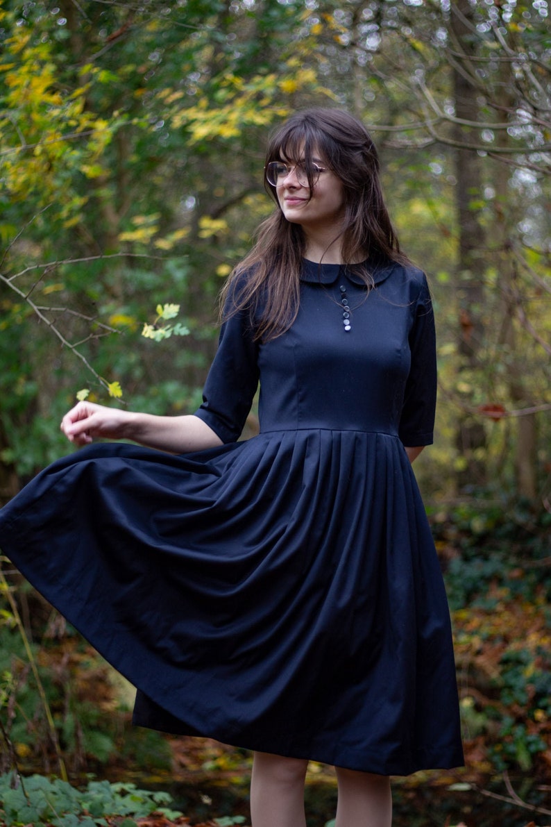 Navy wool pleated midi dress for women with Peter Pan collar great for winter in sizes XS XXL image 1
