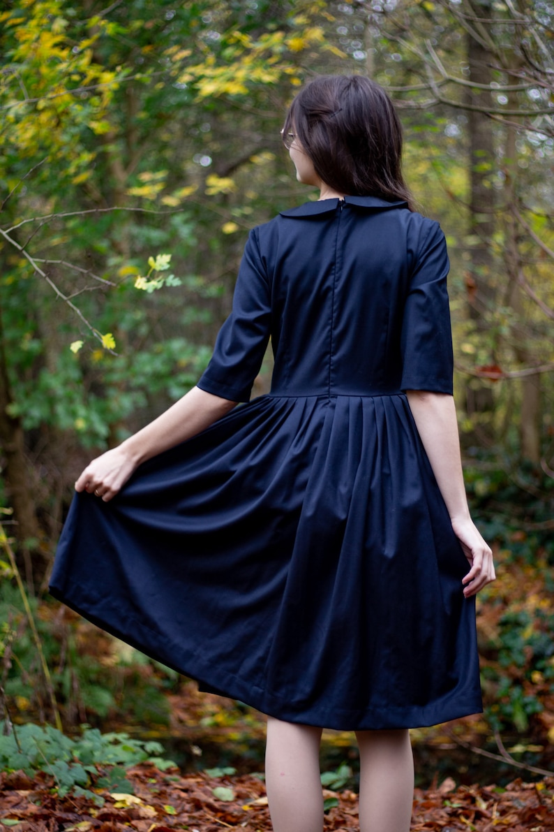 Navy wool pleated midi dress for women with Peter Pan collar great for winter in sizes XS XXL image 5