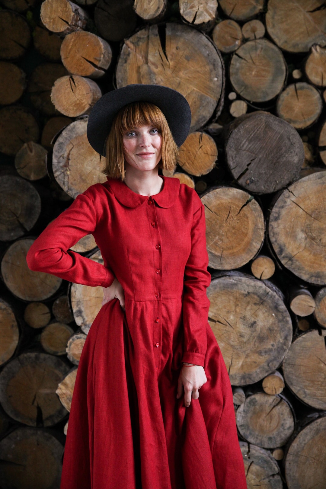 Robe en lin rouge Robe bohème avec poches Robe longue style