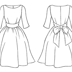 May include: A black and white line drawing of a dress with a bow at the back.