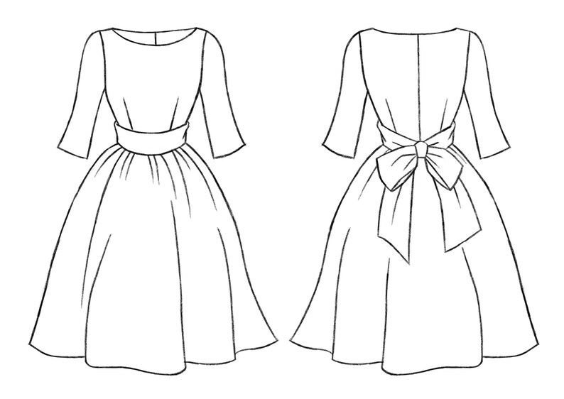 May include: A black and white line drawing of a dress with a bow at the back.