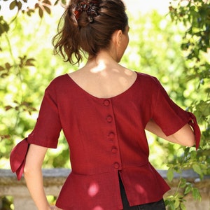 Burgundy red Linen peplum blouse with tie sleeves - SAMPLE SALE - size S (US4)
