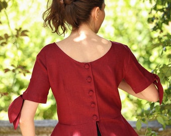 Burgundy red Linen peplum blouse with tie sleeves - SAMPLE SALE - size S (US4)