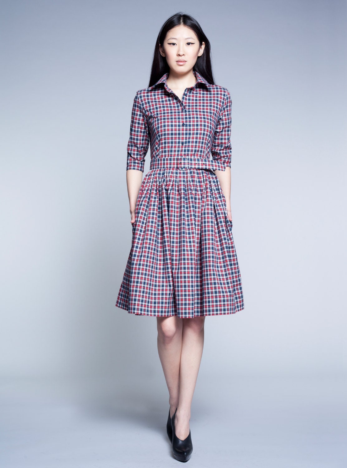 Women Plaid Dress, Midi Dress, Shirt Dress, Retro Dress, Flare Dress, 1950's Dress, Pleated Dress, Plus Size Clothing, Pocket Dress,Collared