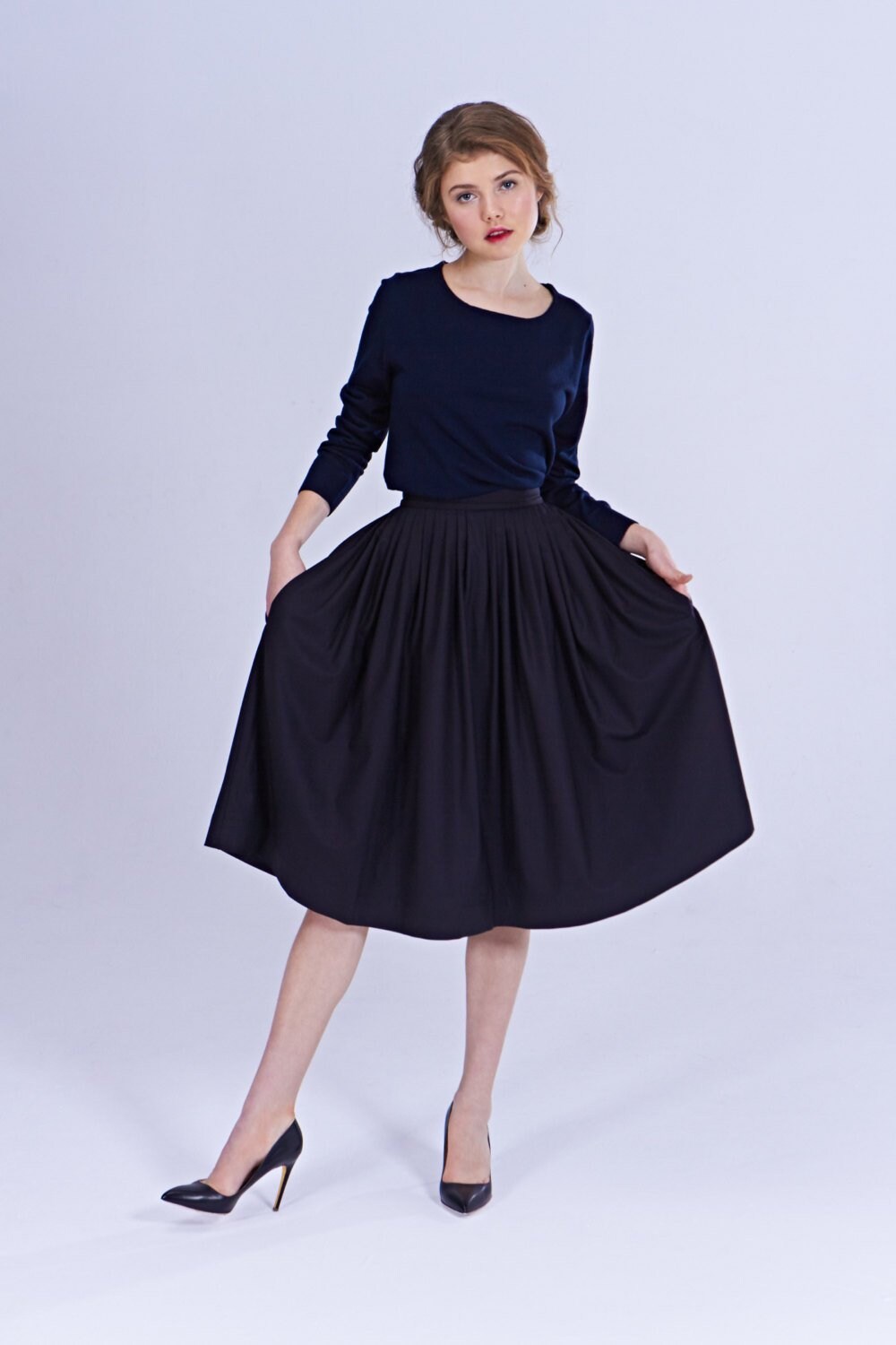 black wool flare skirt