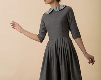 Women Gray Dress, 1950's Dress, Flare Dress, Wool Dress, Peter Pan Collar Dress, Vintage Style Dress, Midi Dress, Cocktail Dress, Loose