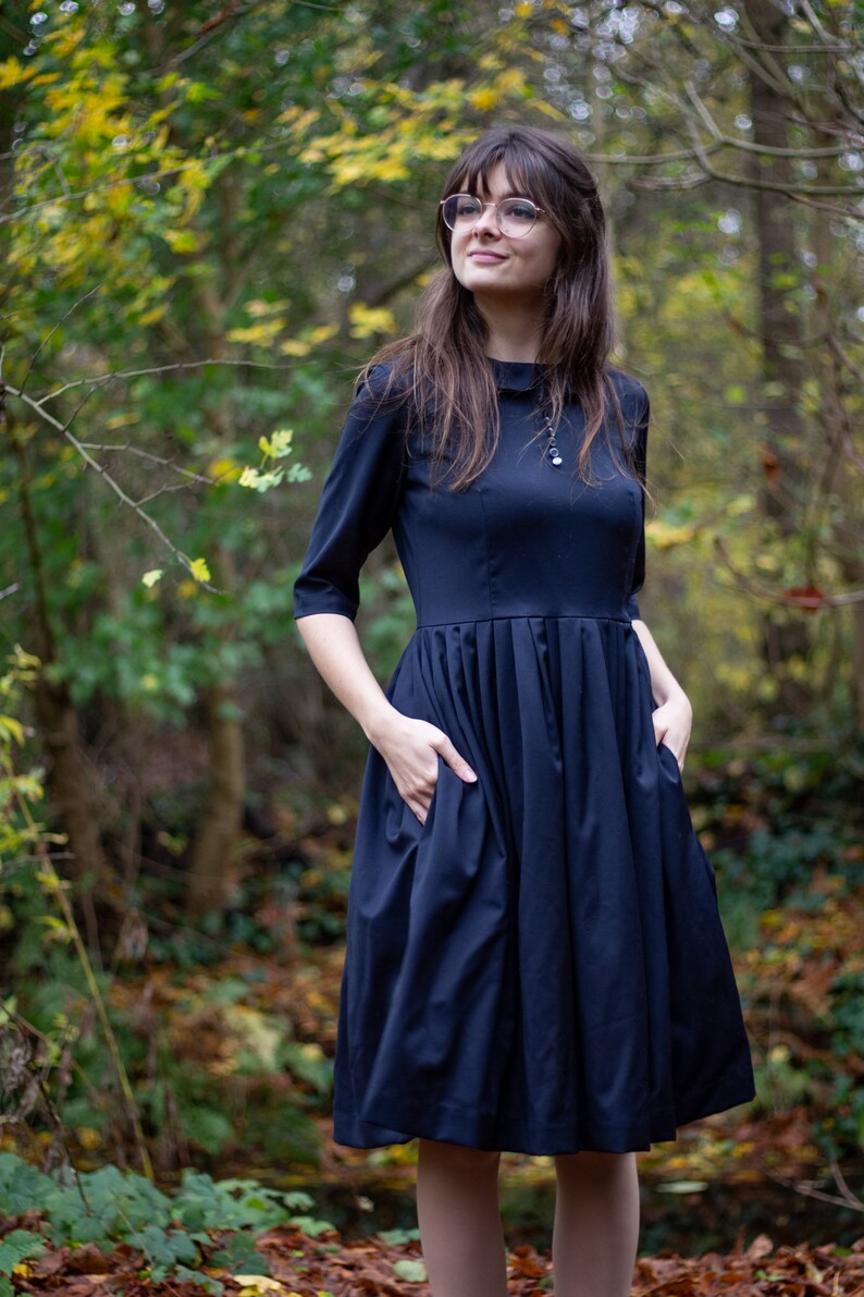Navy wool pleated midi dress for women with Peter Pan collar great for winter in sizes XS XXL image 2