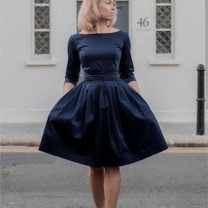 Navy blue cotton midi pleated dress for women available in different custom colors image 3