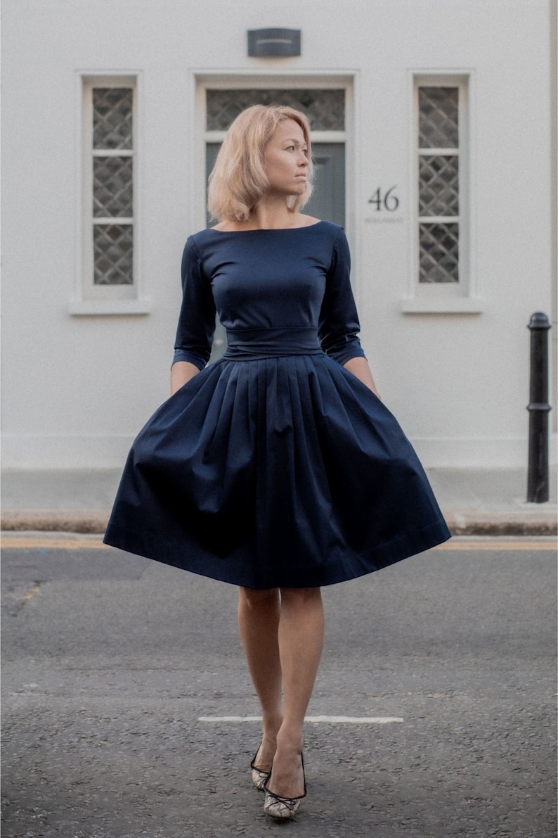 Navy blue cotton midi pleated dress for women available in different custom colors image 3