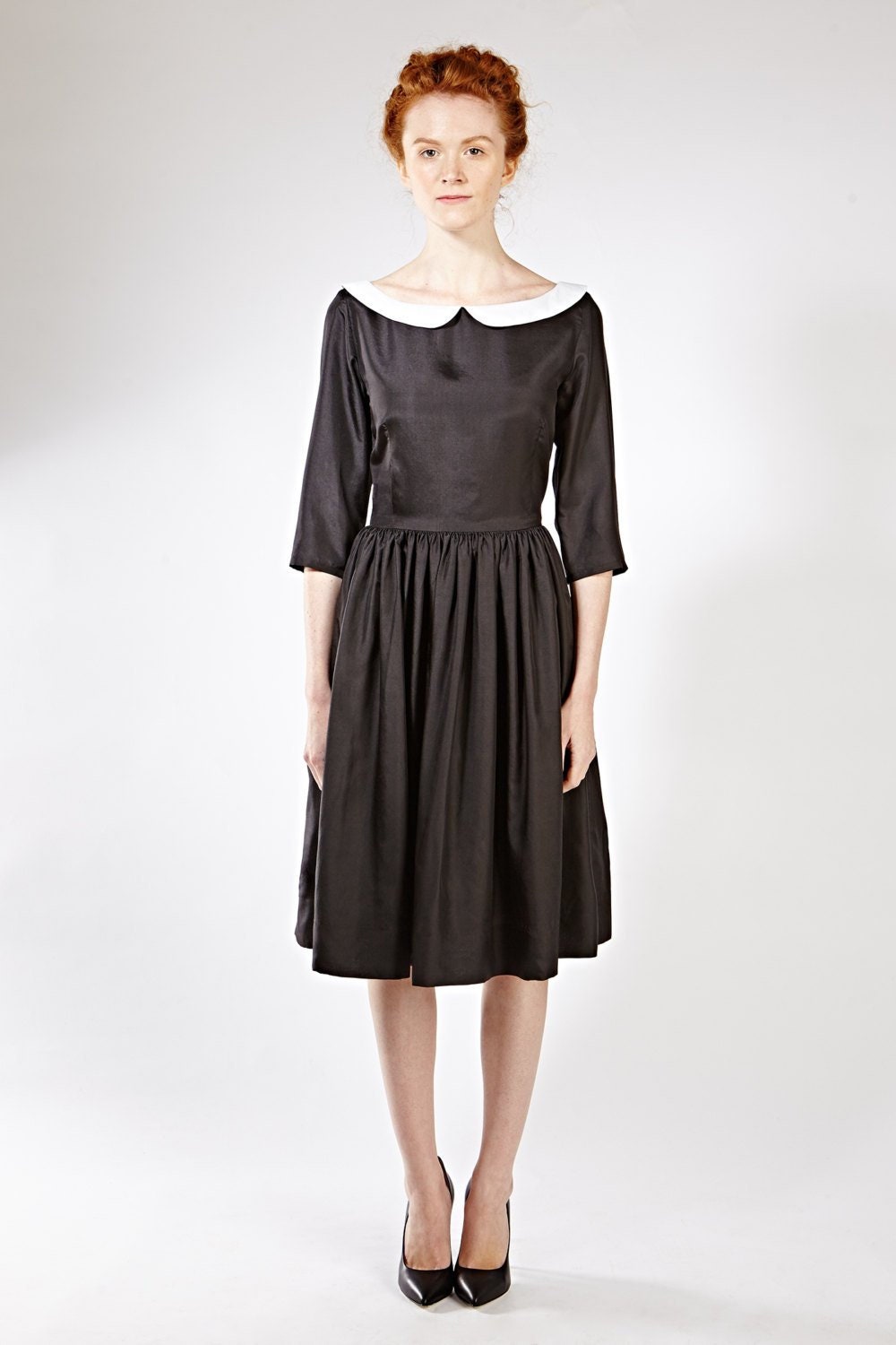 Women Silk Dress, Peter Pan Collar Dress, Flare Black Dress, Midi Black  Dress, Silk Clothing, Plus Size Dress, Pleated Dress, Church Dress - Etsy